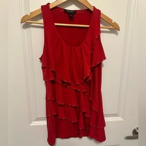White House Black Market small tiered ruffle sleeveless red knit top. Rhinestone